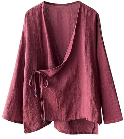 Cotton Linen Tops for Women Long Sleeve Wrap Blouses Tie Front Loose Fit Asymmetric Hem Kimono Style Irregular Shirts