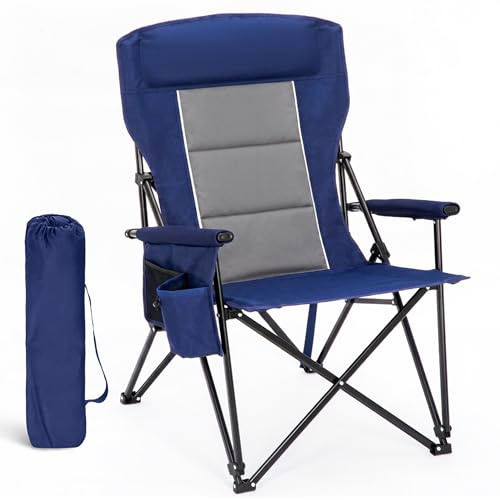 HIGH POINT SPORTS Chaise de camping pliable - 225 kg - Rembourrée - Avec appui-tête - Porte-gobelet - Chaise de pêche pliable XXL avec accoudoirs - Bleu