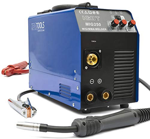IPOTOOLS MIG-250 Máquina de soldar MIG MAG - Máquina de soldar MIG con 250A 230V IGBT, Máquina de electrodos 3 en 1 MIG Flux MMA, Máquina de soldadura inverter portátil, 7 años de garantía