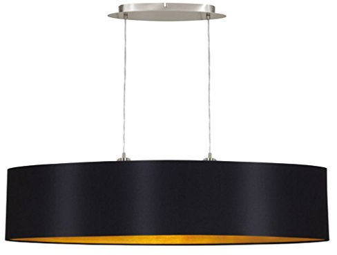 EGLO Pendellampe Maserlo, 2 flammige Textil Pendelleuchte, Hängeleuchte oval aus Stahl und Stoff, Farbe: Nickel matt, schwarz, gold, Fassung: E27, L: 100 cm