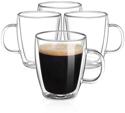 Yuncang 4-pack 355 ml dubbelväggisolerade kaffemuggar i klart glas, perfekt för Americano, Latte, cappuccino, espresso
