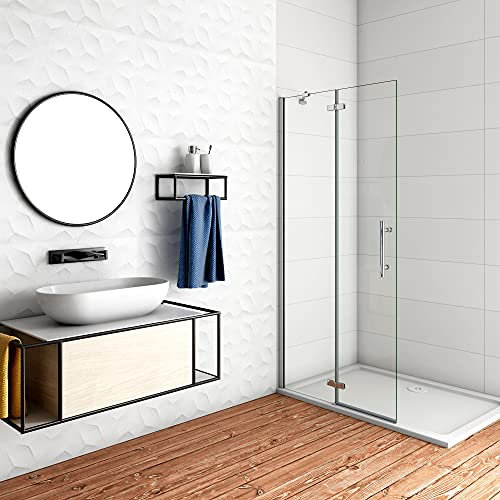 WALK IN Parete Doccia Paretina Fissa + Paretina Movibile 76x195 cm in Vetro 6 mm Trasparente Temperato Anticalcare Barra Stabilizzatrice e Telaio Cromato Lucido