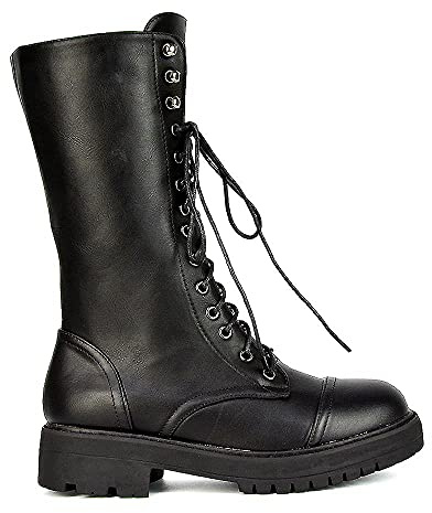 ESSEX GLAM Womens Lace Up Boots Mid Calf Ankle High Ladies Black Synthetic Leather Combat Biker Shoe Booties Size 3-8