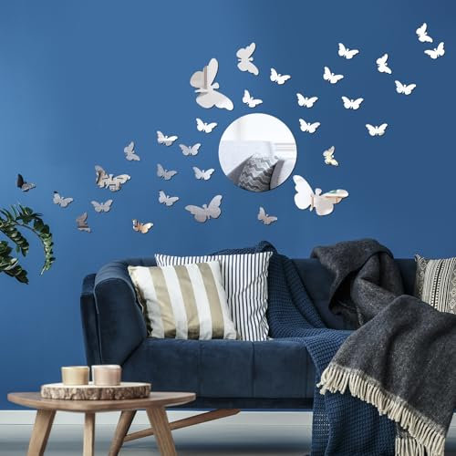 Adesivi da parete a forma di farfalla, 37 pezzi, in acrilico, 3D, adesivi da parete, a specchio, rimovibili, argentati, per soggiorno, camera da letto, ufficio, decorazione