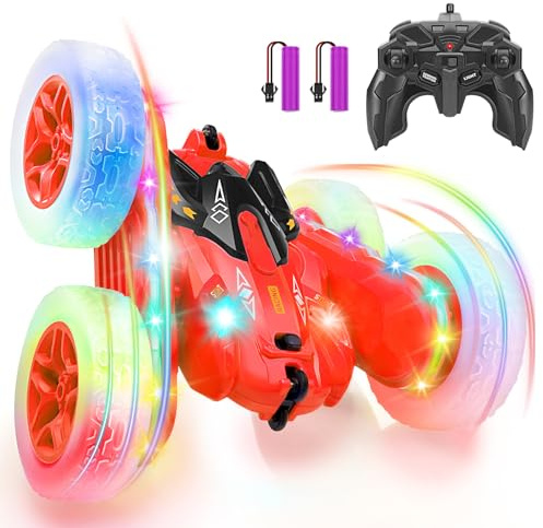 SGILE Red Ferngesteuertes Auto, RC Stunt mit LED-Lichtern 2,4Ghz Doppelseitiges 360° drehendes Wiederaufladbares Kinderspielzeug für Jungen Mädchen, Rot
