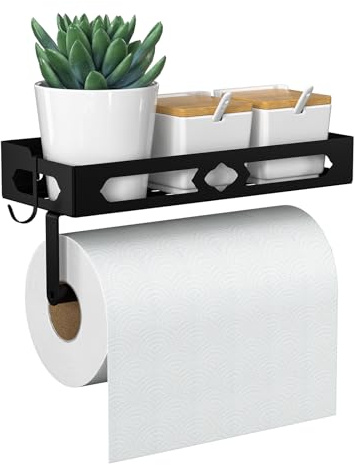 ZDDLOINP Gewürzregal mit Küchenrollenhalter und Haken, Gewürzregal Wand Ohne Bohren, Gewürz Organizer für Küchen, Schwarz