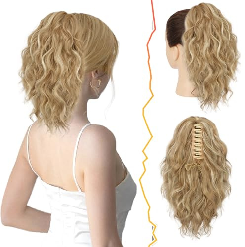 BARSDAR Artiglio Clip Bionda Coda Cavallo Extension 30cm Corto Ondulati Coda di Cavallo Capelli Extension Multi Layered Sintetici Clip in Coda di Cavallo Posticci per Donna (Bionda Misto)