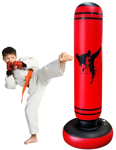 Tung boxningssäck för barn, boxningssäck, stående kickboxningsväska med stativ, boxning, dummy, uppblåsbara, coola roliga leksaker för pojkar, sport, gåvor, utomhusaktiviteter, gårdsspel (160 cm röd)