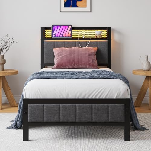 BORPHOM Single Bed Frames with Storage Headboard and Charging Station/LED Lights,Heavy Duty Metal Bed Frame Single No Box Spring Needed,Solid Bedstead Base/Strong Steel Slats Support/Grey