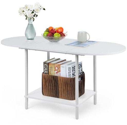 smusei Ovaler Couchtisch, 2-stufiger Mitteltisch mit Ablagefach für das Wohnzimmer, Weißer Couchtisch aus Holz mit Metallrahmen für Hause