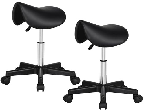 Yaheetech Set 2 Sgabelli a Sella con Ruote Regolabile in Altezza Sedia Estetista Trucco Girevole Ergonomico per Massaggio Salone Parrucchiere Nero