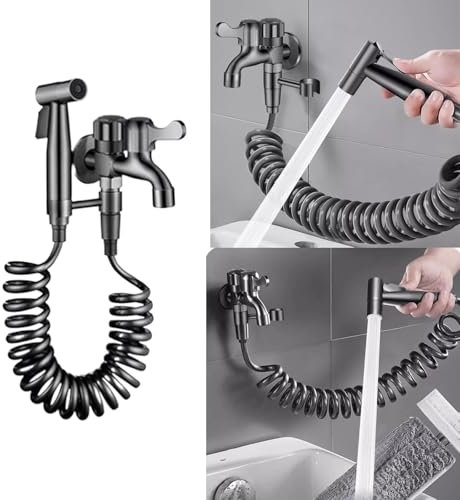 PLONARFIX Toalettvattenspray, toalettpistol, dubbelkontrollventil för toalettspray, bidé kran av borstat nickel av rostfritt stål, tygblöja för babytvätt (svart)