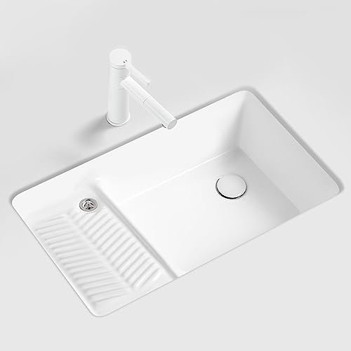 Lavello sottopiano in ceramica bianca di alta qualità con lavabo, design a vasca singola ad alta capacità, ideale per cucina, bagno, balcone, bancone bar, lavanderia, include rubinetto estraibile