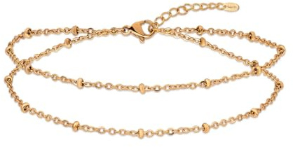 Amberta Silver Gold Waterproof Ankle Bracelets for Women | Boho Layered Anklets for Women | Summer Jewellery, Adjustable Ankle Chain Beaded Rope Heart: Gold Beads