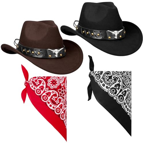 ViEinkaufen 2Pcs Cowboy Hats Black Brown, Western Hat with Bandana Scarf