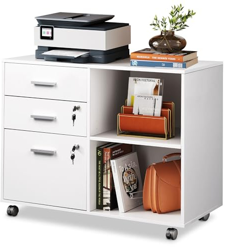DEVAISE Caisson de Bureau Roulant 3 Tiroirs et étagères ouvrantes, Meuble Imprimante Rétro avec Plateau Bois, Meuble Rangement Bureau Mobile, Blanc