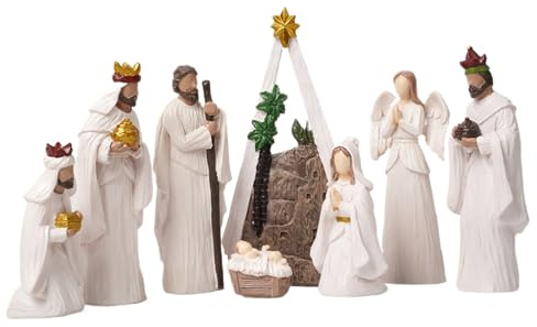 Muzrunq Ensemble de crèches de Noël (8 pièces) - Figurines crèche Modernes en résine Blanche - Ornements Religieux Table - Objets Collection pour décorations Noël