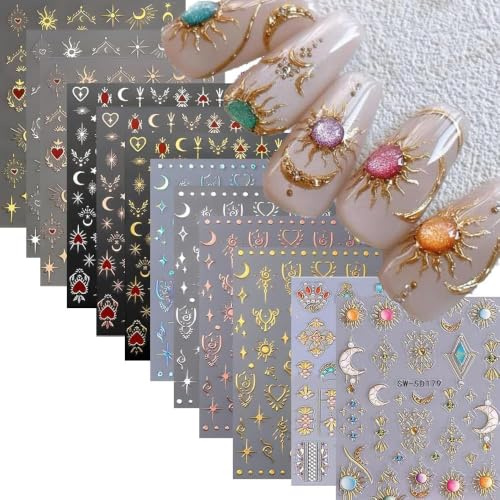 VelvetGlow Autocollants pour ongles style bohème pour nail art – Étoiles, lunes et soleils en relief – Motifs 5D autocollants – Décorations dorées pour ongles pour femme (manucure DIY) – 12 feuilles