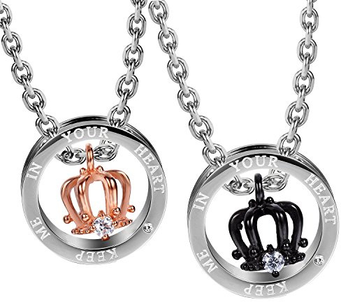 Royal His & Hers Par Kronring Hänge Kärlek Halsband Set, 48,3 cm & 53,4 cm kedjor (silver, svart, rosguld)