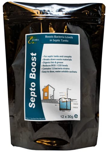 Hydra Septo Boost - Bacteria for Septic Tank Boost & Treatment | Biological Bacteria and Enzyme Cleaner for Septic Tanks | 12 Months Supply
