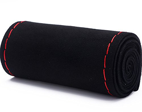 XuanMax DIY Gamuza Funda para Volante Coche Cosida Universal 38cm Coser a Mano Respirable Nubuck Cubierta del Volante Envoltura Protectora Antideslizante Cubre Volante Piel - Línea Rojo