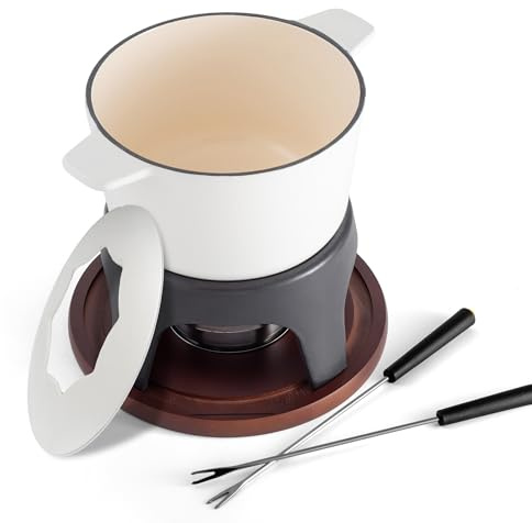 Swissmar Sierra Cast Iron Fondue Set, 1.6 Quart / 1.6 Liter – Perfect for Meat, Cheese, & Chocolate Fondues – Ideal for Family Bonding & Hosting Gifts - 12-Pieces, Matte White