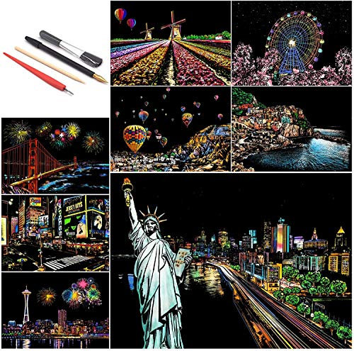 SiYear Scratch Paper Rainbow Painting Sketch, City Series Night Scene,Scratch Painting Creative Gift,Scratchboard for Adult and Kids with 4 Tools