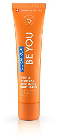 Curaprox Whitening Zahnpasta Für frischen Atem & Zahnfleischpflege | Enzymatische Formel, Pfirsich- & Aprikosengeschmack, Orange, 60 ml | Vegan, SLS-frei, Fluorid 950 ppm | Hergestellt in der Schweiz