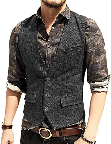 HSLS Chaleco de traje casual para hombre Chaleco sólido de tweed de lana de corte slim(M, Gris)