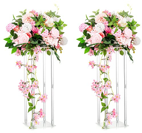 Inweder Geometric Acrylic Vases - 2 Pcs Clear Column Flower Stands, 23.6in Tall, Bulk Wedding Centerpieces for Tables, Home Decor