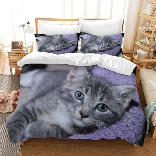 JEFFEL Set di Biancheria da Letto con Stampa di Gatto 3D, Copripiumino con Cerniera, Incluso 1 Copripiumino e 2 Federe, Biancheria da Letto per Ragazzi e Ragazze (200x200cm, Gatto-6)