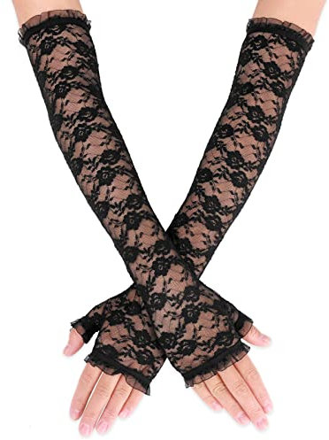 Yolev Damen Spitze Fingerlose Handschuhe Schwarz Brauthandschuhe Elegante Lange Florale Ellenbogen Handschuhe Damen Hochzeit Oper Teeparty Kostümzubehör