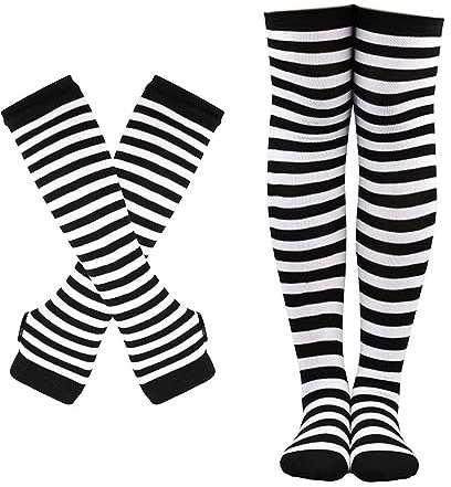 SUNTRADE Damen Mädchen Cosplay Gestreifte Kniestrümpfe Beinwärmer Fingerlose Handschuhe Set (Schwarz-Weiß)