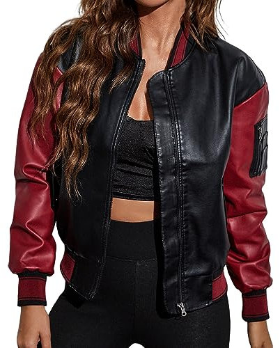 Kunstlederjacke Damen: Winter Echtleder Elegant Oversize Bikerjacke Damen-Jacken Schwarz Vintage Herbst Lang Lederjacke Leather Jacket Rot Wildlederjacke Kunstlederjacke