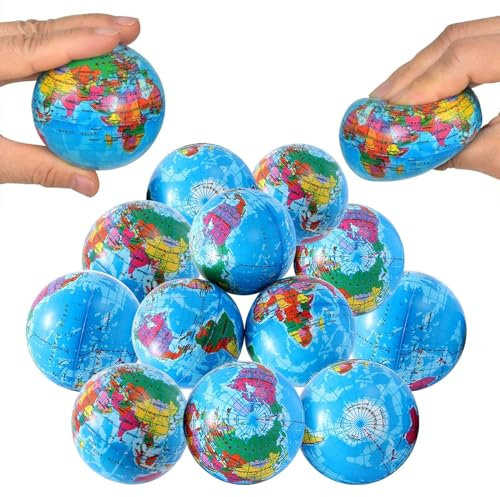 12 Stück Antistressball Erwachsene Kinder, Anti Stress Spielzeug Bälle, 6cm Globusmuster Stressball, Schaum Stressabbau Bälle, Stressabbau für Mitgebsel Gastgeschenke Kindergeburtstag Weihnachten