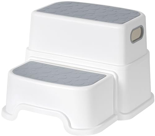 Budding Bear Tritthocker Kinder in Weiß & Grau - Kompakter Hocker Kinder für Bad, Küche, Schlafzimmer - Tragbar, Leichter PP-Kunststoff, Rutschfest - Breiter Tritt Kinder 2 Stufen für Töpfchentraining