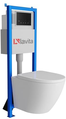 Lavita LAV 101 Vorwandelement für WC 40cm + Wand Hänge Tiefspül WC SOFI Weiß Spülrandlos + Bedienplatte LAV 200.3.4 Schwarz | Komplettset | Unterputz Spülkasten | Toilette Komplett Sett