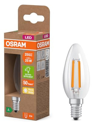 Osram dalla classica forma mini-sferica, con filamento LED decorativo, classe di efficienza energetica A, E14, 1,2 W, 255 lm, 2700 K, bianco caldo. Senza riscaldamento, luce immediata al 100%.