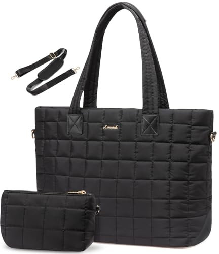 LOVEVOOK Laptoptasche Damen 15,6 Zoll，Laptop Handtasche Arbeitstasche Groß，Puffer Shopper Tasche Schulhandtasche Aktentasche Bürotasche Work Bag Women Schultertasche für Business Uni，Schwarz