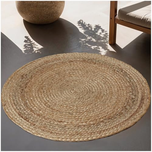 tectake® Teppich rund, handgewebt, aus Jute im Boho Deko, pflegeleichter Teppich für Wohnzimmer Deko modern, im Schlafzimmer, für Badezimmer, im Kinderzimmer, als Küchenteppich oder Läufer - Ø 60cm
