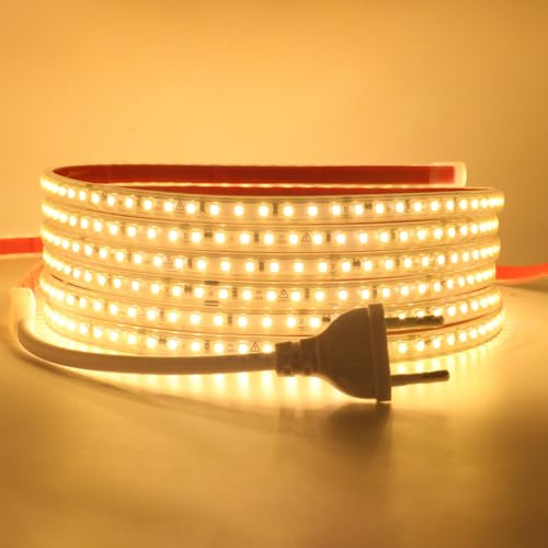 HEGEHE Conexión a AC220-240V Tira de LED,120LEDs/m SMD2835 Flexible Superbright Tira de luz LED cadena de luz de cuerda Autoadhesiva con enchufe para Navidad（3m, Blanco Cálido）