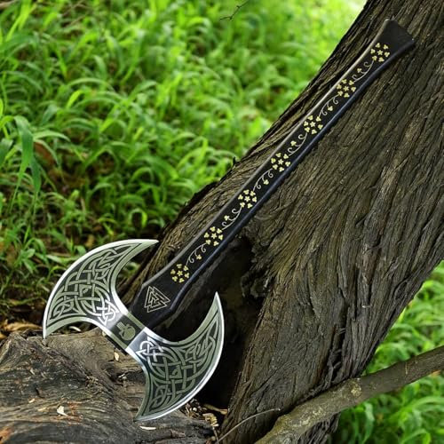 Handmade Viking Double Head Axe with Leather Sheath. Large Norse Axe, Geschenkidee für Männer – Handgeschmiedete Doppelkopf-Wikinger-Axt aus Kohlenstoffstahl für Outdoor, Camping, Jagd, Deko