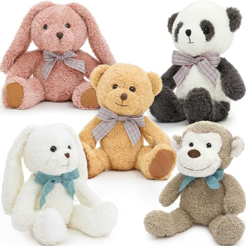 MorisMos Animaux Peluche Set, 32cm Kawaii Jouet en Peluche Inclure Lapin Panda Singe Ours en Peluche, Réaliste Doux Cadeaux pour Enfants Anniversaire Décorations
