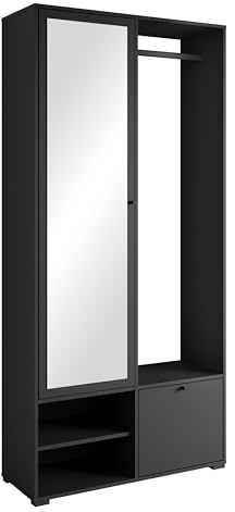 Muebles Slavic Armario de Entrada con Espejo Dino 90x190 cm, recibidor, Zapatero, Armario con Perchero, (Negro)