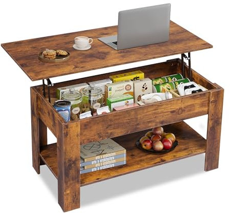 WLIVE Höhenverstellbarer Couchtisch mit Ablage, Wohnzimmertisch Rechteckig mit Offener und versteckter Stauraum, Kaffeetisch für Wohnzimmer, Schlafzimmer (Industriell, Rustikales Braun)