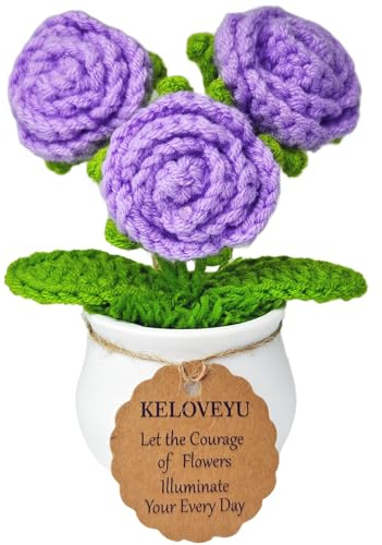 KELOVEYU Crochet Flowers Bouquet Rose Crochet Potted Plants Knitted Flowers Pots Cute Desk Decor Car Dashboard Home Office Decor Mothers Day Valentines Day Birthday Gifts (Purple)