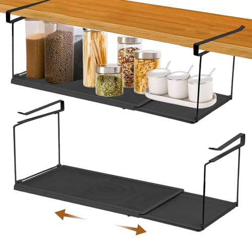 Veftsvy Ajustable Cesta Colgante para Debajo de la Estantería, Almacenaje de Cocina bajo Balda Estante de Metal para Colgar Debajo del Dscritorio 38.5-70 cm, para Armarios de Cocina (Negro)