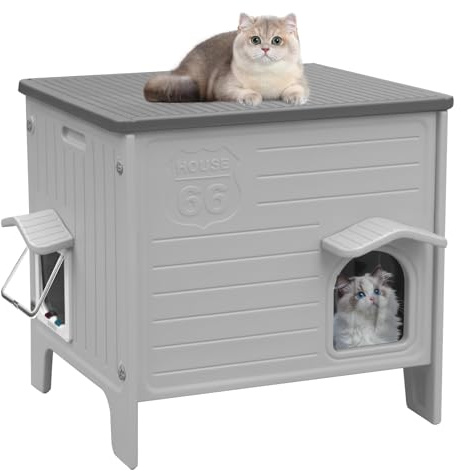 CSQOO Plastic Cat House Outdoor & Indoor, Feral Cat Houses with Escape Door, Waterproof Outdoor Cat House for Feral Cats, Outside Cat Shelter for Small Pet, Assemble Easily-Grey