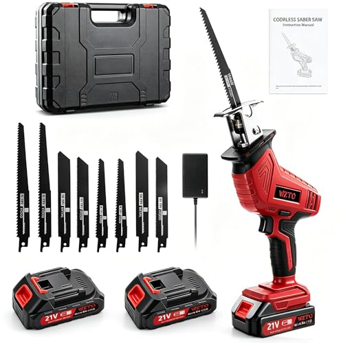 Red Electric Wood Reciprocating Saw, 0-4000 RPM Variable Speed Reciprocating Saws with 8 Blades, 21V Cordless Wood Saw Electric, for Metal PVC Cutting with 2 Batteries