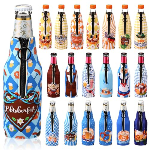 Roshtia 20 Pcs Oktoberfest Beer Bottle Sleeve Insulators 12 oz Bavarian German Beer Bottle Jacket German Party Gifts Favors Neoprene Insulated Holder with Zipper